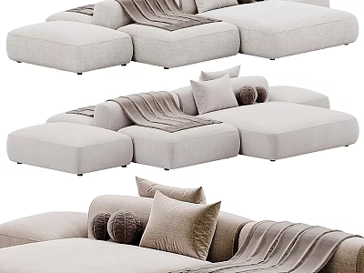 Sectional Modular Sofa with Light Beige Upholstery Decorative Pillows and Throw Blanket Modern Cozy Design 3d model