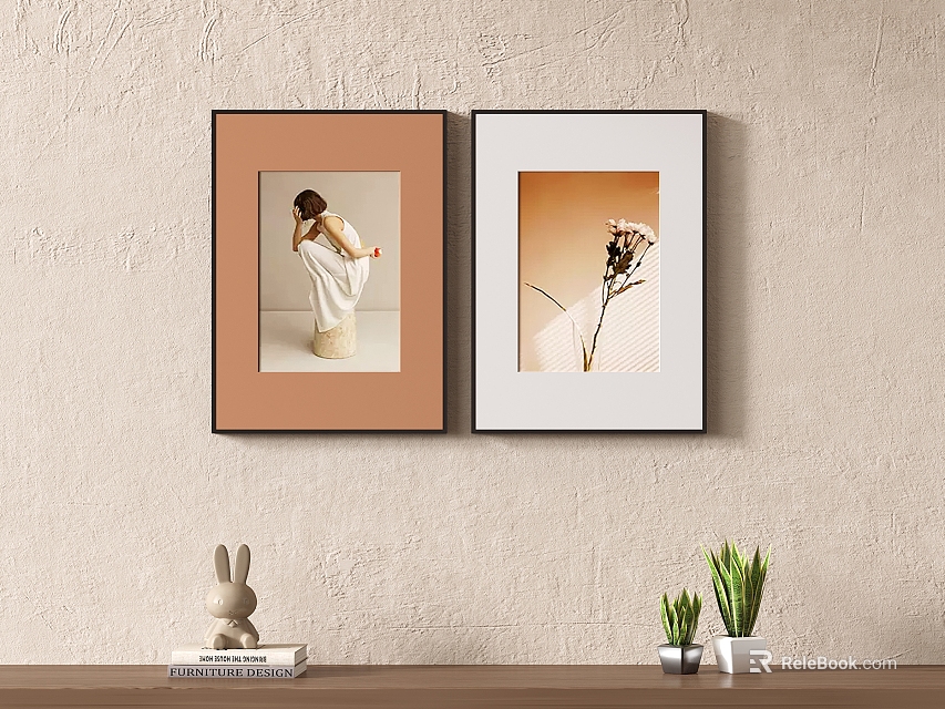 Portrait Painting with Brown Frame and Flower Artwork on Beige Wall with Rabbit Figurine and Plants 3d model 