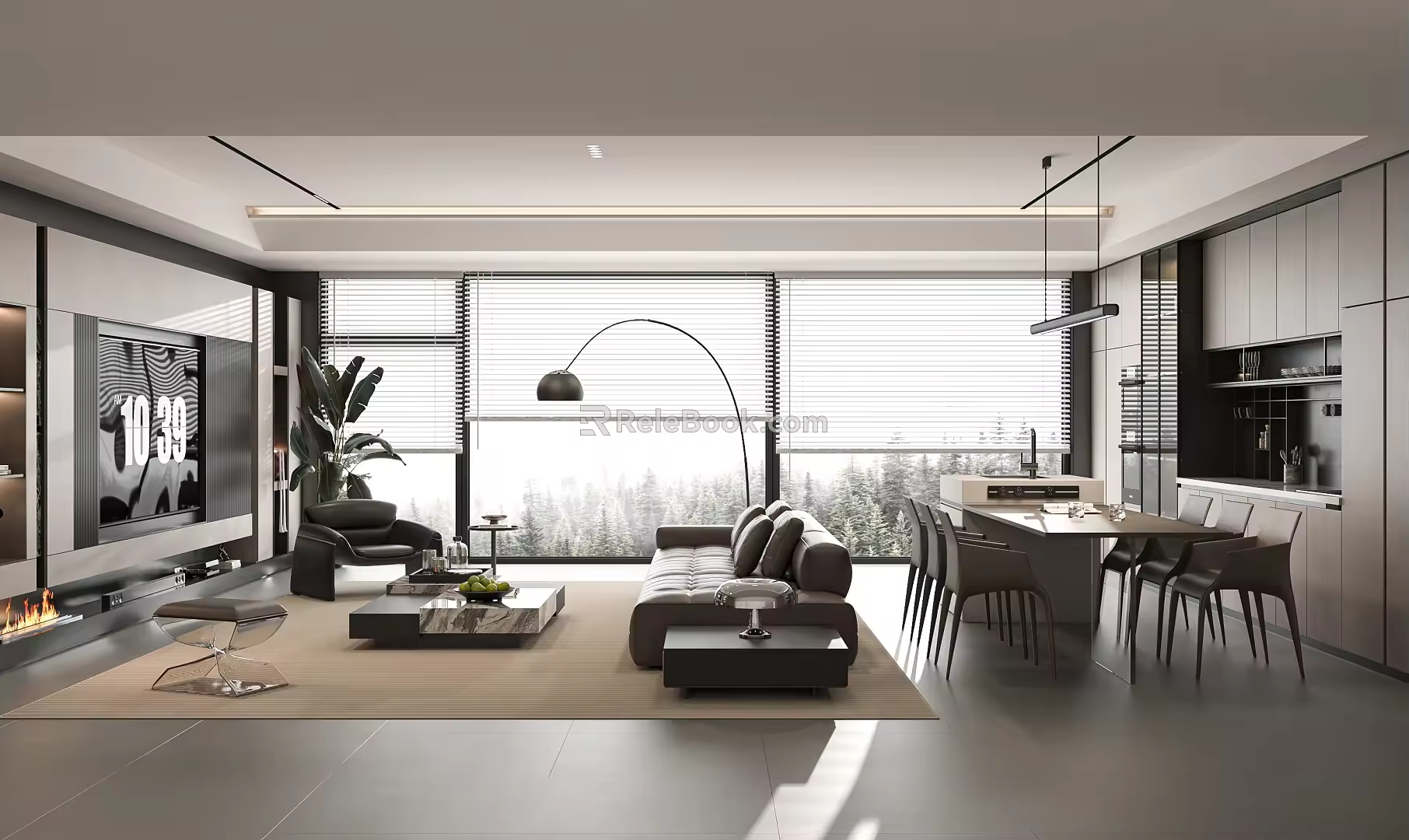Modern guest restaurant sofa coffee table combination dining table and chair TV background wall 3d model