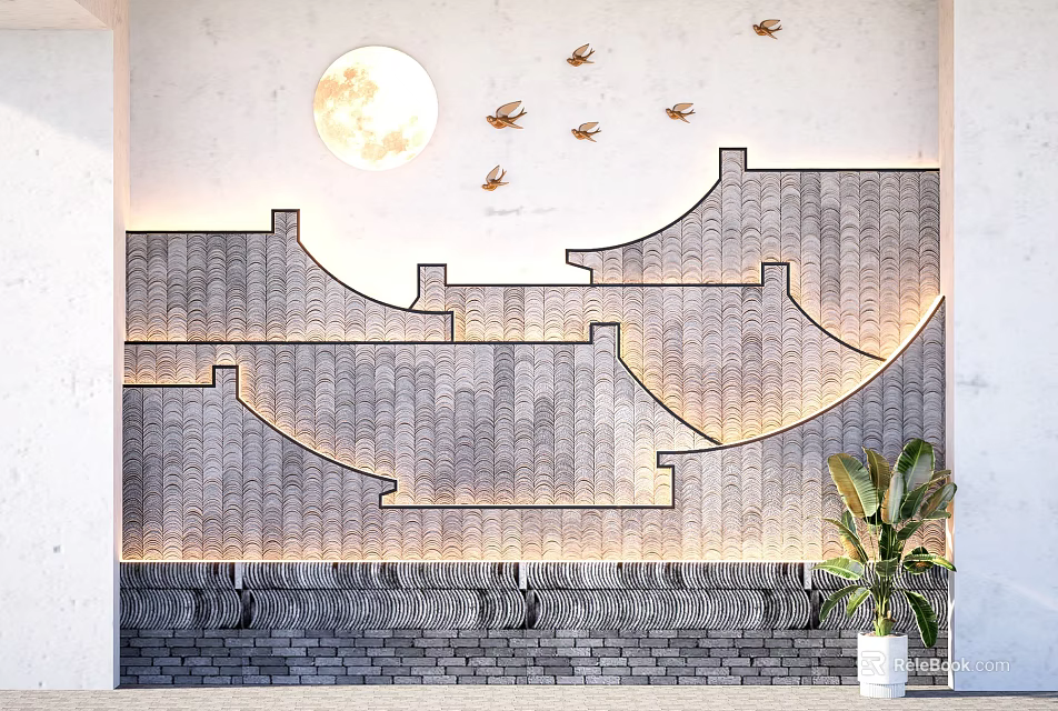 Traditional Style Background Wall With Full Moon Flying Birds Tile Roof Pattern And Stone Texture 3d model 