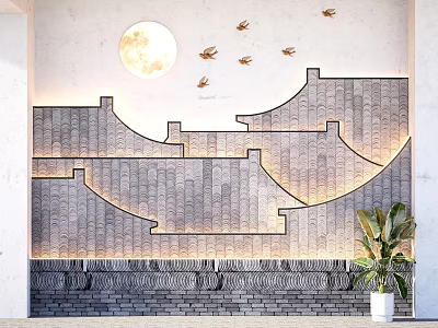 Traditional Style Background Wall With Full Moon Flying Birds Tile Roof Pattern And Stone Texture 3d model