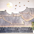 Traditional Style Background Wall With Full Moon Flying Birds Tile Roof Pattern And Stone Texture