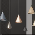 Modern Pendant Lights in Various Designs and Assorted Colors Illuminated on Dark Striped Background
