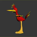 Cartoon Bird Character With Red and Yellow Feathers Spread Wings Green Eyes and Yellow Legs