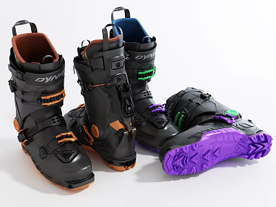 Black Orange Blue Green Purple Ski Boots With Sturdy Straps And Grip Soles For Skiing 3d model