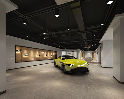 Spacious Modern Showroom Interior Featuring Yellow Sports Car And Display Walls 3d model