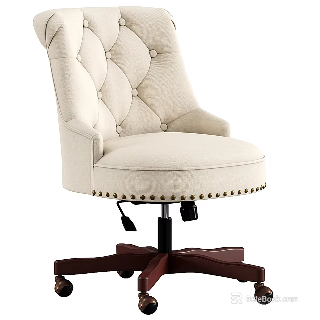 Comfortable Beige Fabric Office Chair With Tufted Design And Swivel Wooden Base 3d model 