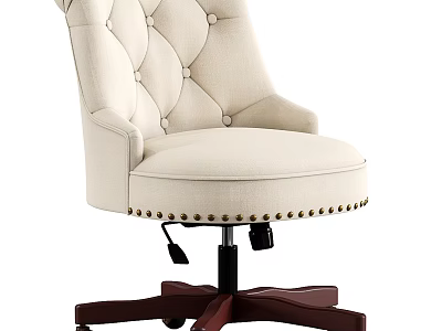 Comfortable Beige Fabric Office Chair With Tufted Design And Swivel Wooden Base 3d model