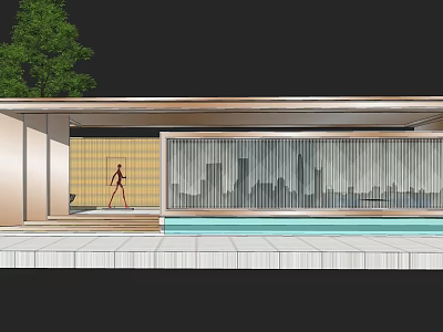 Modern Architectural Exterior With Glass Curtain Wall Green Tree Swimming Pool And City Skyline View 3d model