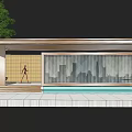 Modern Architectural Exterior With Glass Curtain Wall Green Tree Swimming Pool And City Skyline View