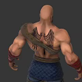 Muscular Male Warrior Character Featuring Red Wristbands Decorative Belt And Gray Boots Front Side Views