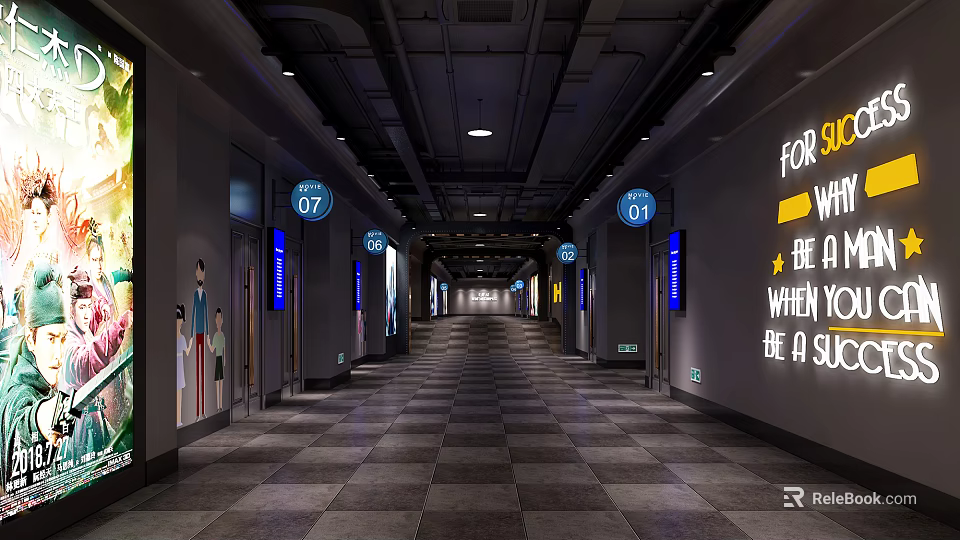 Modern Industrial Style Elevator Corridor With Ceiling Lighting Numbered Signage Wall Decor And Tile Floor 3d model
