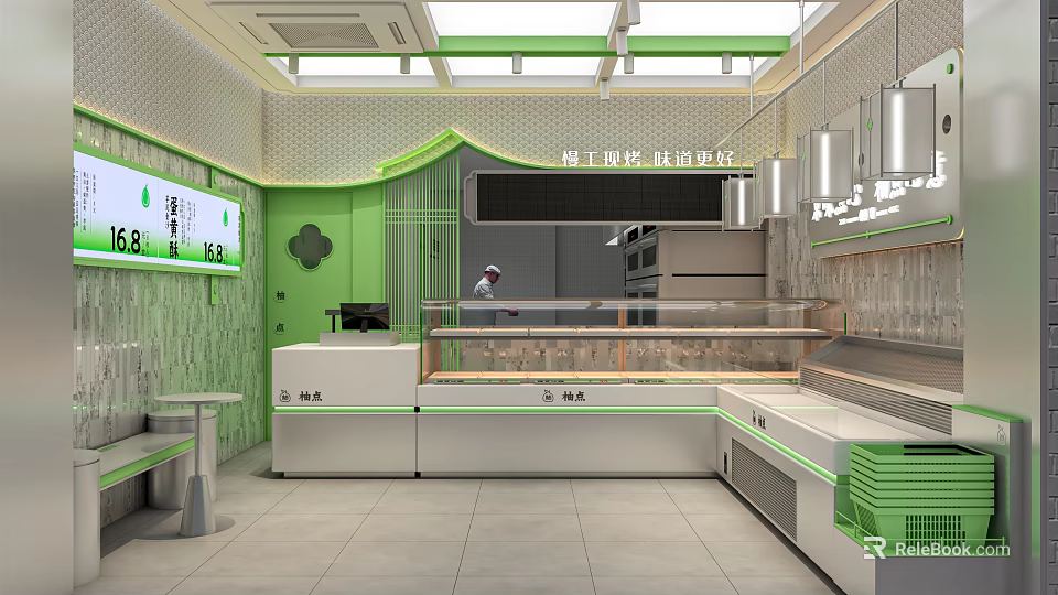 Dessert Shop Green And White Interior With Modern Display Counter Service Area And Menu Board 3d model 
