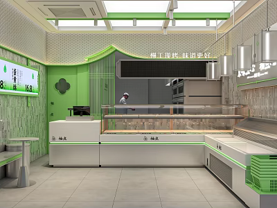 Dessert Shop Green And White Interior With Modern Display Counter Service Area And Menu Board 3d model