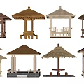 Assorted Garden Pavilions With Thatched Tiled Roofs And Wooden Seating Structures