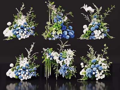 Elegant Blue And White Vase Flower Arrangements With Green Leaves Various Designs 3d model