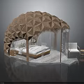 Modern Dome Shaped Building With Wooden Geometric Pattern Transparent Covering And Bed Inside