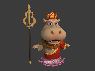Cartoon Hippo Character With Crown Red Outfit Beaded Necklace Lotus Flower Base And Scepter Staff 3d model