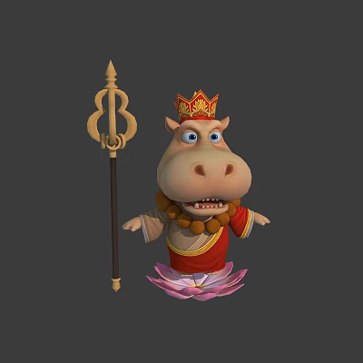 Cartoon Hippo Character With Crown Red Outfit Beaded Necklace Lotus Flower Base And Scepter Staff 3d model