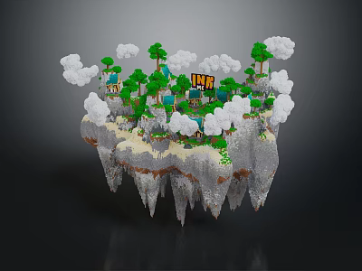 Pixel Style Floating Island Buildings With Trees Clouds And Yellow HI Structure 3d model