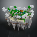 Pixel Style Floating Island Buildings With Trees Clouds And Yellow HI Structure