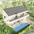 Detached Villa Featuring Solar Panels Swimming Pool Surrounded by Trees and Car in Driveway