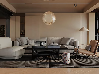 Modern Living Room Interior with Neutral Tones Sofa Coffee Table Pendant and Floor Lamps 3d model