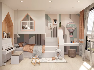 Kids Room Interior Design With Bunk Bed Stairs Piano Teddy Bear And Wall Decor 3d model