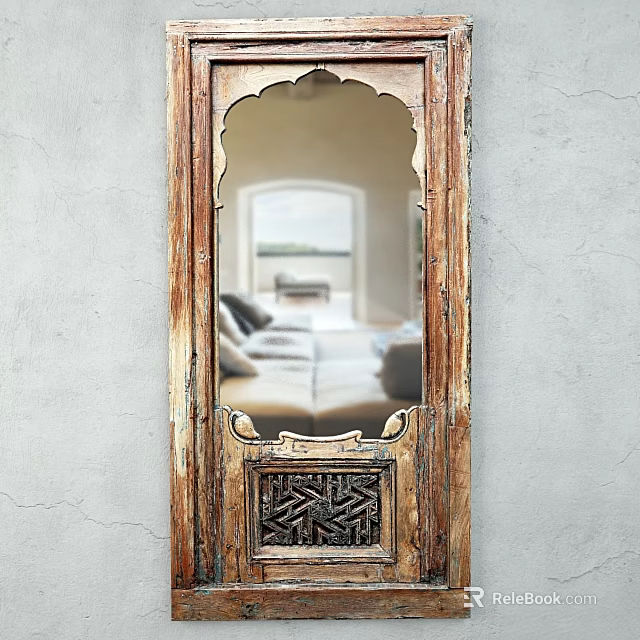 Vintage Wooden Framed Mirror With Carved Design Reflecting Room Interior 3d model 
