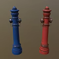 Blue and Red Fire Hydrants with Vintage Design Metal Valves on Brown Background