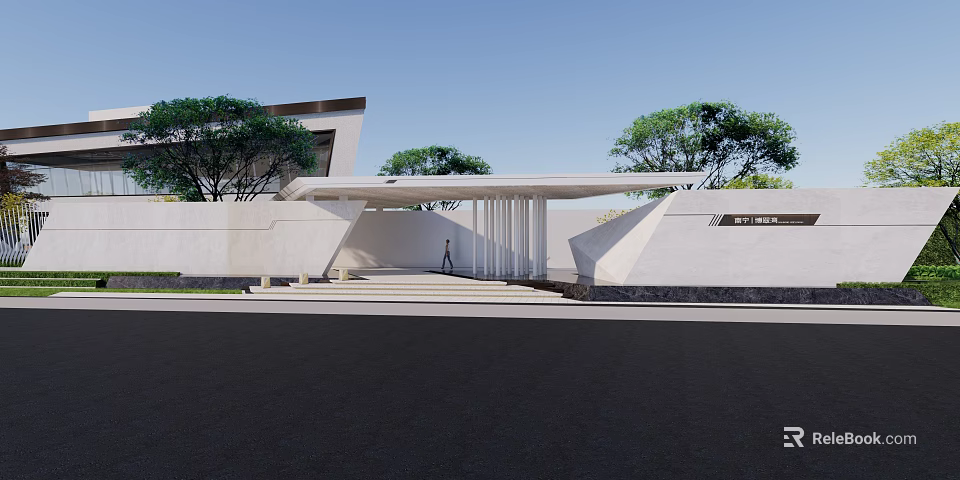 Modern Entrance Gate Design With White Walls Trees And Canopy Structure 3d model