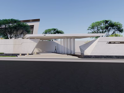 Modern Entrance Gate Design With White Walls Trees And Canopy Structure 3d model
