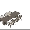 Wooden Dining Table Set With Six Woven Chairs Tabletop Vase Dried Flowers And Decorative Items