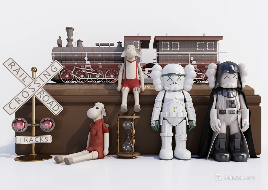 Toy Dolls Featuring Dog Figure Stormtrooper Darth Vader With Train Model Railroad Crossing Sign 3d model 