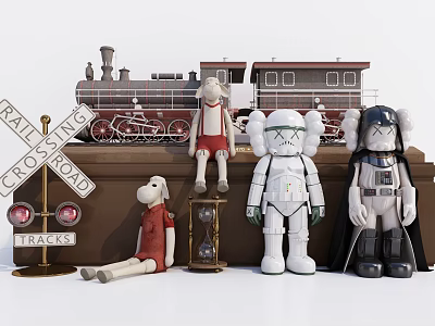 Toy Dolls Featuring Dog Figure Stormtrooper Darth Vader With Train Model Railroad Crossing Sign 3d model