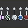 Five Different Colorful Body Piercing Jewelry with Heart Sun and Striped Designs