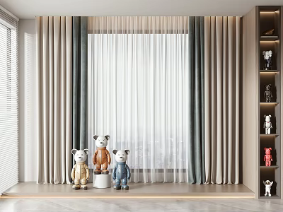 Elegant Window Curtains in Modern Interior with Three Stuffed Bear Toys and Soft Fabric Design 3d model