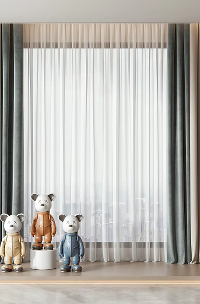 Elegant Window Curtains in Modern Interior with Three Stuffed Bear Toys and Soft Fabric Design 3d model
