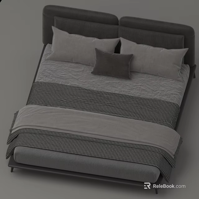 Modern Gray Bedroom Bed With Multiple Pillows Checkered Bedspread And Blanket 3d model