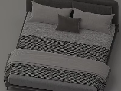 Modern Gray Bedroom Bed With Multiple Pillows Checkered Bedspread And Blanket 3d model