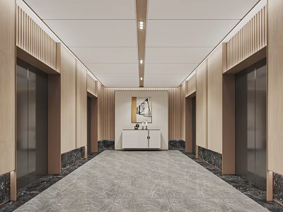 Modern Elevator Hallway Design With Wooden Panel Walls Marble Floor Console Table And Ceiling Lighting 3d model