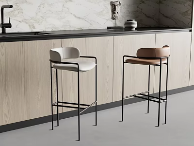 Modern White And Beige Bar Stools In Kitchen With Light Wood Cabinets And Marble Countertop 3d model
