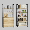 Wooden And Metal Storage Shelves With Decorative Vases Wine Glasses Photo Frames And Storage Boxes