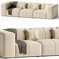 Beige Sectional Sofa With Soft Cushions And Throw Blanket Modern Design 3d model