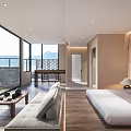 Modern Hotel Room Interior Design With Stone Wall Fireplace Sofa And Coffee Table