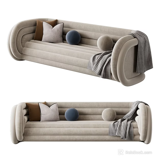 Modern Beige Sectional Sofa with Neutral and Blue Cushions and Plaid Blanket on Armrest 3d model 