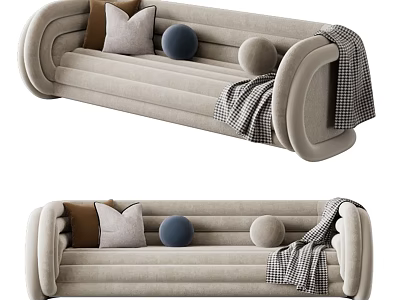Modern Beige Sectional Sofa with Neutral and Blue Cushions and Plaid Blanket on Armrest 3d model
