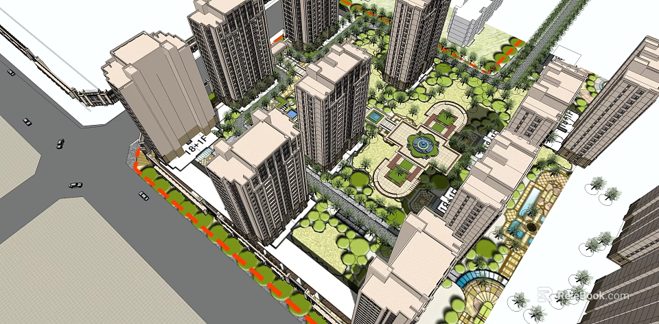 Modern Residential Area With High Rise Buildings Green Spaces And Central Plaza 3d model 