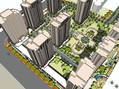 Modern Residential Area With High Rise Buildings Green Spaces And Central Plaza 3d model