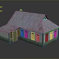 Small Residential House With Green White Walls Blue Roof Multiple Windows And Chimney